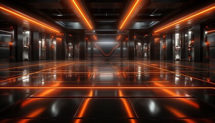 Obraz premium futuristic studio stage set in a dark. Showcase neon LED lasers casting an orange glow on the reflective, cyber theme