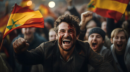 Enthusiastic fans bloodied at a sports match, holding up flags. Hooliganism and team allegiance concept