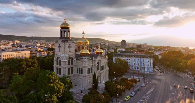 Varna, Bulgaria Aerial view of Cityscape and the famous building of The Cathedral of the Assumption in city center