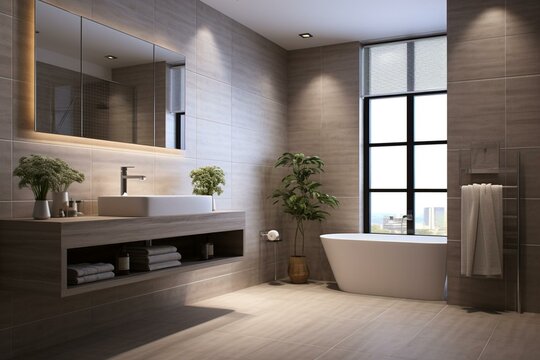 Contemporary bathroom with LED mirror, porcelain ceramics, decor plants, granite floor, wall tiles, ample space, natural light. Generative AI