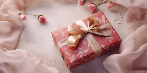 Beautiful pink gift boxes with golden bow and ribbons with pink roses. Top view. Birthday, Christmas, New Year's Eve on wedding backdrop 