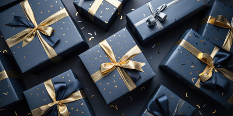 Beautiful dark blue gifts boxes with golden bow and ribbons. Top view. Birthday, Christmas, New Year's Eve backdrop 