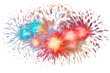 Colorful fireworks over isolated transparent background. Sparkling fireworks to celebrate, new year, anniversary party concept. - obrazy, fototapety, plakaty
