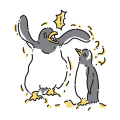 vector design of a big penguin appearing to dance trying to communicate with a confused little penguin