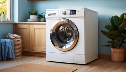 a new washing machine in a bright, cozy laundry room .