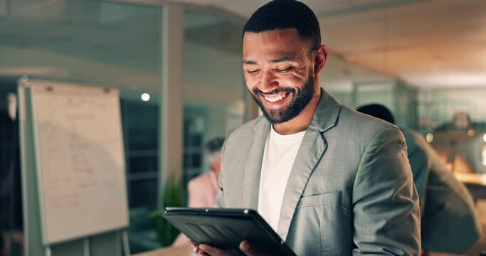 Tablet, laugh and happy business man in office, working on research project, schedule and planning. Night, corporate and worker on digital tech for internet, funny website review and social media
