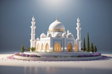 Celebration of islamic white mosque miniature 3d rendering in blank background