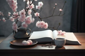 3D still life with peaceful coffee, book, and beautiful sakura blossoms. Generative AI - obrazy, fototapety, plakaty