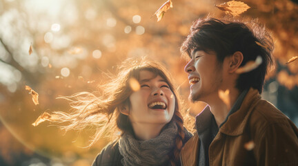 落ちてくる紅葉を見上げて幸せそうな日本人カップル