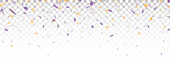 Purple and orange confetti, ribbon banner, isolated on transparent background