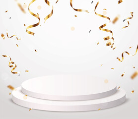 Empty celebration podium background with gold confetti and balloons