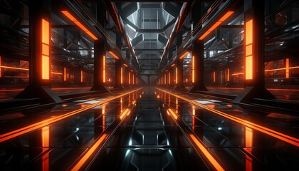 sci fi studio stage set in a dark, cyberpunk garage.polished concrete tiled floor in vivid orange