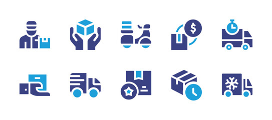 Delivery icon set. Duotone color. Vector illustration. Containing cash on delivery, delivery time, delay, freezer truck, delivery box, food delivery, fast delivery, delivery man, delivery.