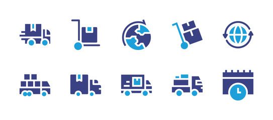 Delivery icon set. Duotone color. Vector illustration. Containing trolley, global, delivery truck, timetable, global shipping, delivery service.
