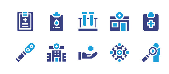 Medical icon set. Duotone color. Vector illustration. Containing pharmacy, check up, organization, body, medical, test tube, analysis, gynecology, ophthalmoscope, hospital.