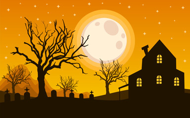halloween background design with orange color. castle design in cemetery yard.