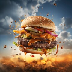 Big hamburger with flying ingredients on blue sky background. Fast food concept