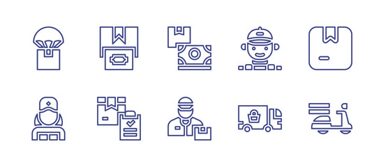 Delivery line icon set. Editable stroke. Vector illustration. Containing cardboard, cash on delivery, delivery man, delivery truck, delivery, delivery woman, scooter.