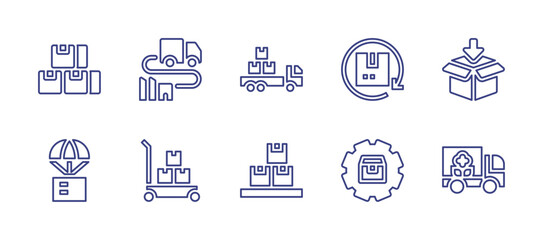 Delivery line icon set. Editable stroke. Vector illustration. Containing box, delivery, cargo truck, shipping, inventory, supply, distribution, package, cart.