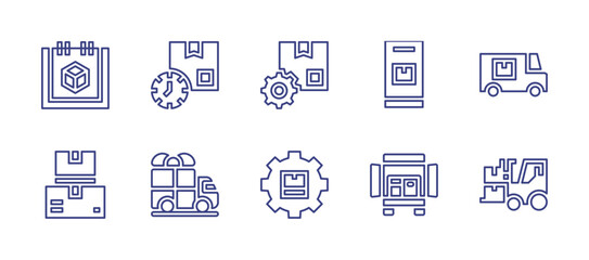 Delivery line icon set. Editable stroke. Vector illustration. Containing time, management, truck, supply chain, calendar, packages, list, van, forklift.