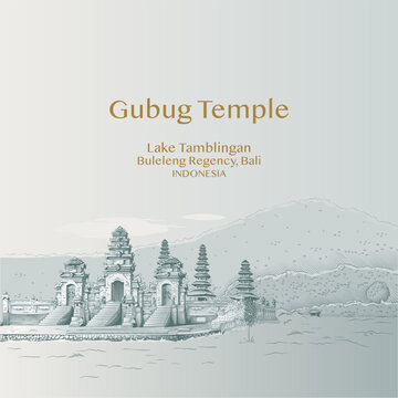 Gubug Temple in Bali, Indonesia., crosshatch vintage illustration
