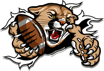 cougar football mascot holding ball in claw ripping through background for school, college or league sports