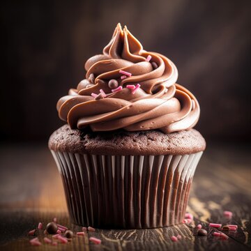 Chocolate cupcake with cream and chocolate chips on dark wooden background