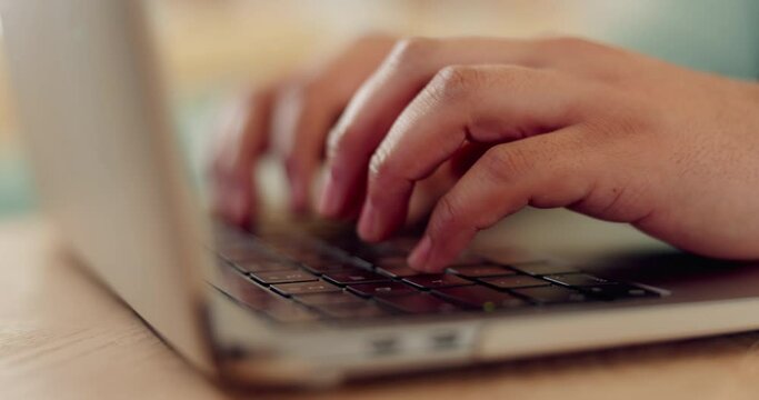 Laptop, online and hands of person typing research study, email communication or college project, report or planning. Tech, closeup keyboard and student working on article, story or university essay