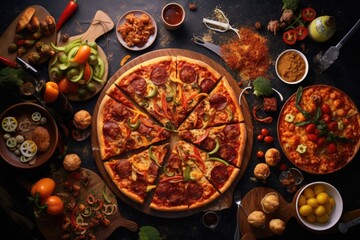 Pizza with meat and vegetables on a wooden table. Top view