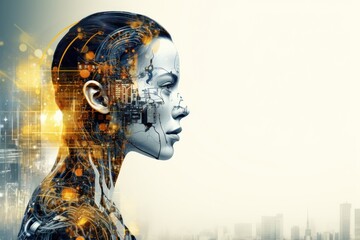 Android head, sleek, wires exposed, nodes visible—a seamless blend of human and machine, a marvel in futuristic design.