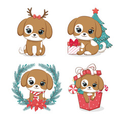 Merry Christmas or New Year card. Cute puppy in present box and candies. Vector illustration.