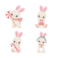 Fototapeta premium Merry Christmas And Happy New Year with cute little bunny. Rabbit with candies and present.