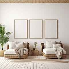 Bohemian or minimalist living room with empty picture frames on the wall in the room, with a light wicker reclining sofa and decorated in white or cream tones.