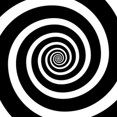 Hypnotic spirals background. Radial optical illusion. Black and white swirl tunnel wallpaper. Spinning concentric curves. Vortex, whirlpool or helix design for poster, banner, flyer. Vector