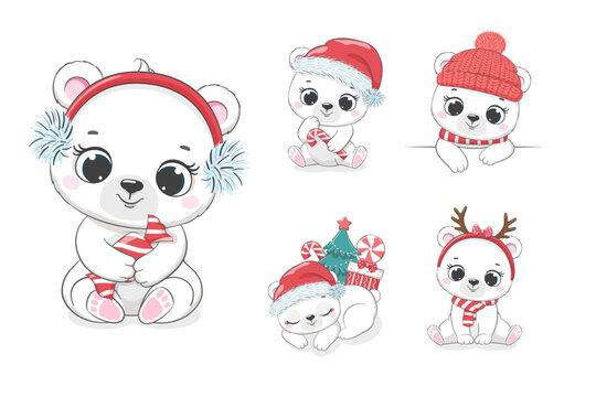 Merry Christmas or New Year card cute teddy bear in a Santa hat with candy and present