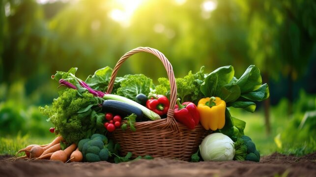 basket with fresh vegetables on wooden table in garden, closeup