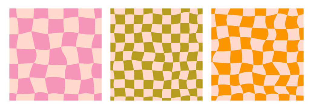 Groovy seamless checkerboard background set. Repeating retro wavy checkered pattern collection. Vintage psychedelic distorted gingham wallpapers. Twisted cage backdrop in 60s, 70s style. Vector pack
