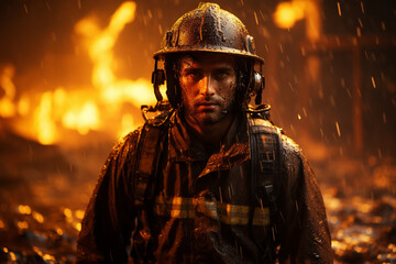 Fireman walking through fire on ground