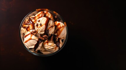 Bowl of ice cream with chocolate on brown background, closeup