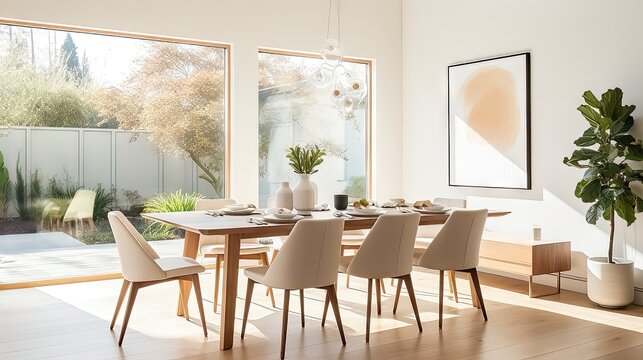 Serene Elegance: A Minimalist Dining Room Awash in Natural Light. Generative AI 5