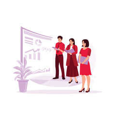 People work in a business office. Company Operations Manager Holds Presentation Meeting. Team using tv screen with growth analysis. Trend Modern vector flat illustration