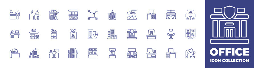 Office line icon collection. Editable stroke. Vector illustration. Containing desk, presentation, boss, in person, police station, workplace, coworking, meeting room, armchair, videoconference, folder