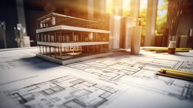 Architectural engineers, contractors, designers, drawing blueprints and construction work for architectural buildings in architect studios