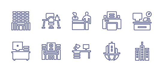 Office line icon set. Editable stroke. Vector illustration. Containing printer, in person, headquarters, desk, work space, office, building, police station.