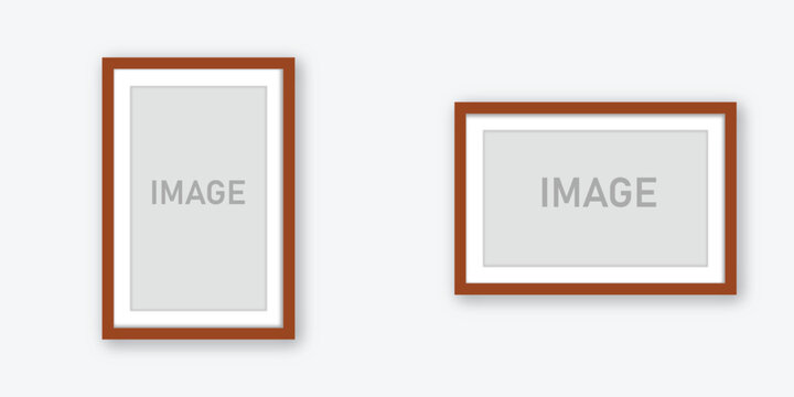 Photo Picture Frames on wall, vector white mockups or empty posters. Empty photo frames mockups for pictures or photograph, realistic 3D blank templates, brown frame