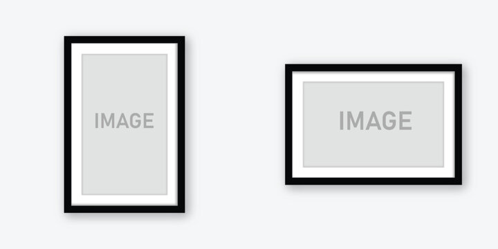 Photo Picture Frames on wall, vector white mockups or empty posters. Empty photo frames mockups for pictures or photograph, realistic 3D blank templates, black frame