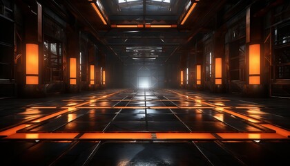 sci fi studio stage set in a dark, cyberpunk garage.polished concrete tiled floor in vivid orange