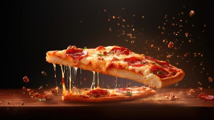 Slice of pizza falling into the air on a dark background. - obrazy, fototapety, plakaty