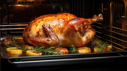 Naklejka premium Roasted whole chicken in the oven