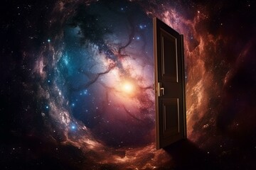 A space galaxy stretches beyond an open door, symbolizing a magical portal to another world, representing dreams and freedom. Generative AI